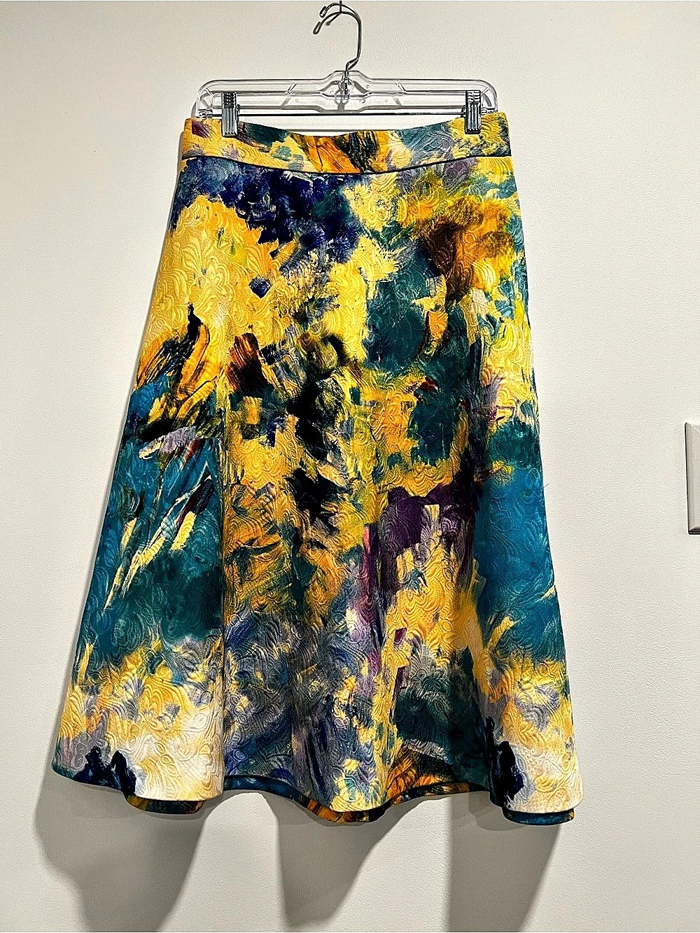 H&M Abstract Painterly Floral Jacquard Midi Skirt in Blue & Yellow